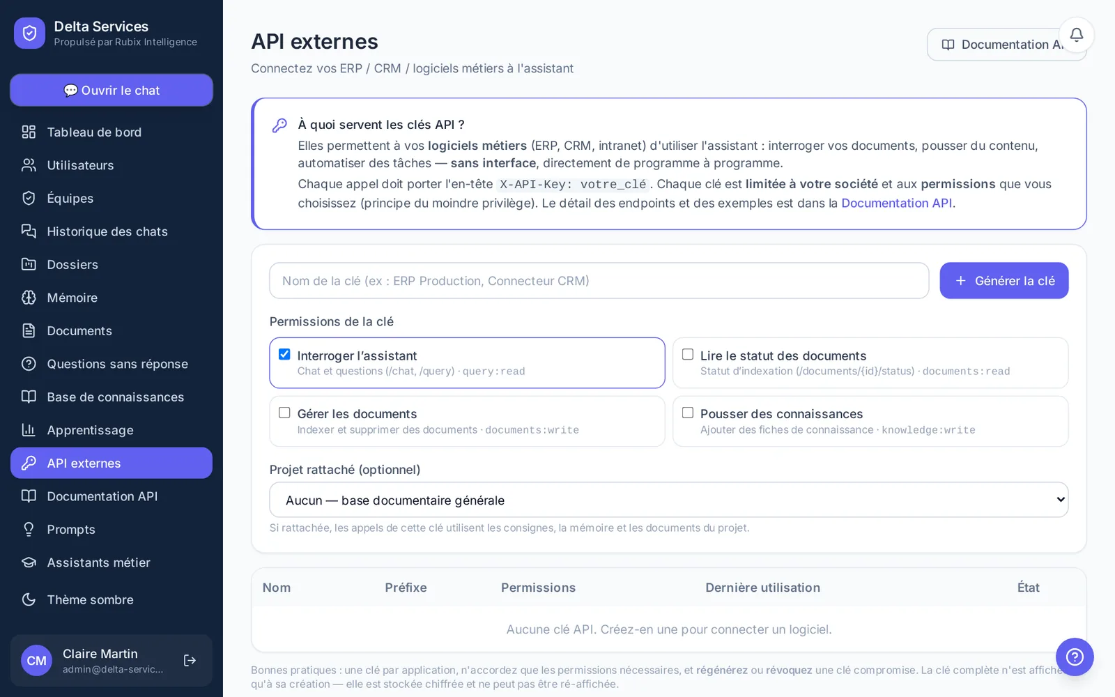 Page API externes de l'administration : génération d'une clé et choix de ses permissions