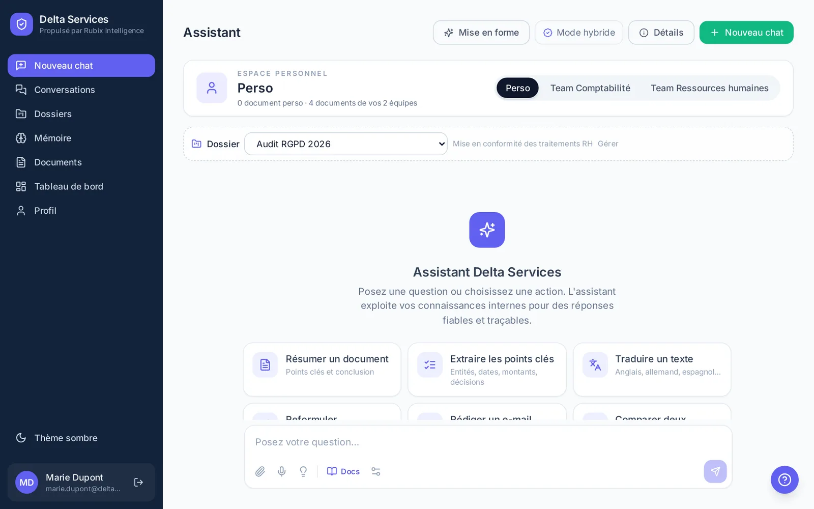 Écran d'accueil de l'assistant : périmètre Perso ou Team, dossier, tuiles d'actions rapides