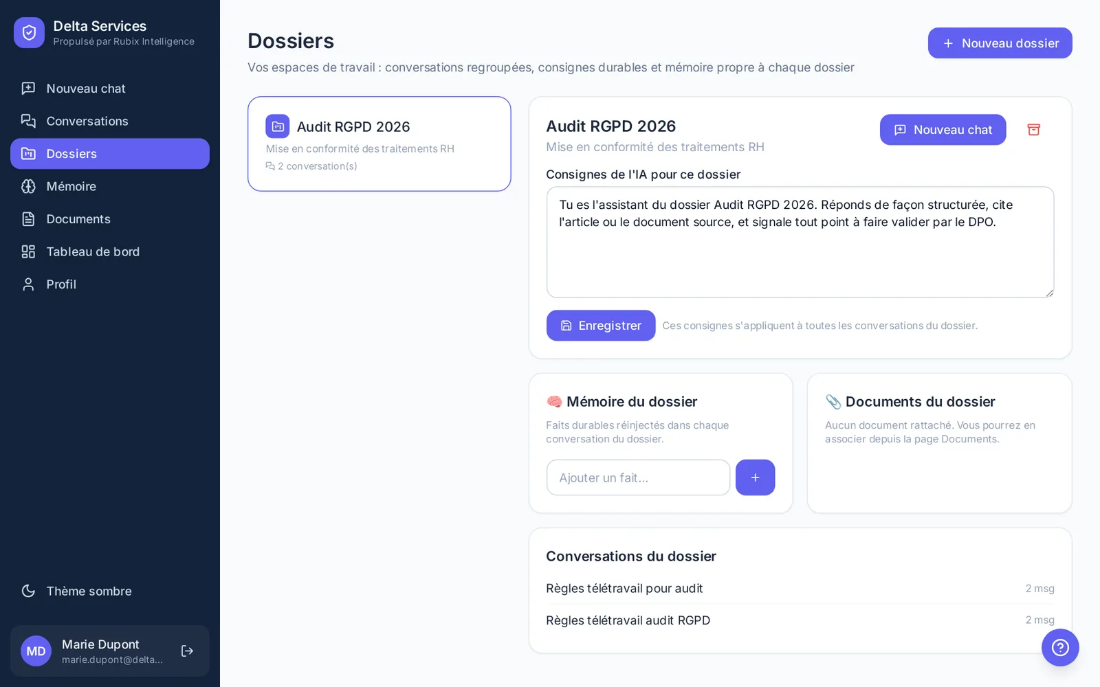 Page Dossiers : consignes de l'IA pour le dossier Audit RGPD 2026, mémoire du dossier et conversations regroupées